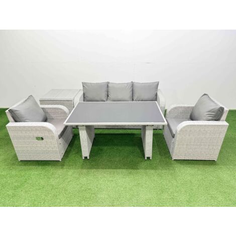 Fimous Outdoor Rattan Garden Furniture Dining Set 5-seater Patio Rectangular Table 3 Seater Sofa Reclining Chair Set with Side Table (1/5)