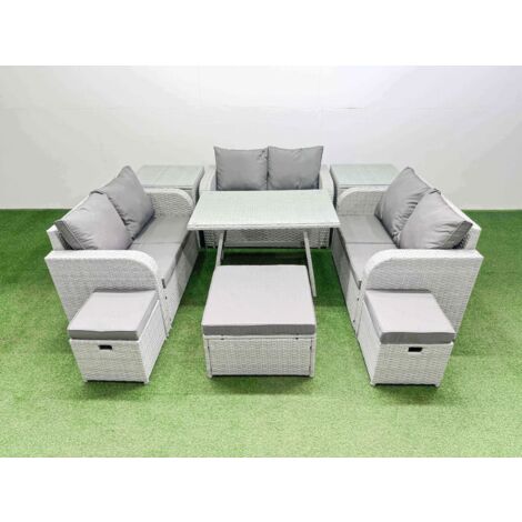 Fimous Rattan Garden Furniture Dining Set 9-seater Patio Rectangular Table Love Sofa Set with 2 Side Tables 3 Stools (1/5)