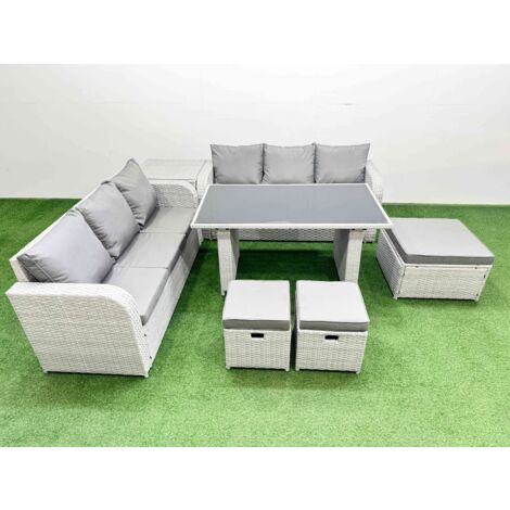Fimous 9 Seater Rattan Outdoor Dining Table 3 Seater Sofa Set with Side Table 3 Stools Light Grey (1/5)