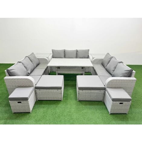 Fimous PE Rattan Lounge Sofa Set 10 Seater Outdoor Garden Furniture Set with Dining Table 3 Seater Sofa 2 Big Footstools 2 Side Tables Light Grey (1/5)
