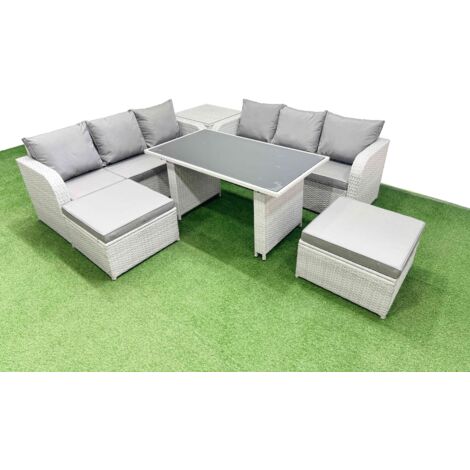 Fimous 8 Seater Rattan Outdoor Dining Table 3 Seater Sofa Set with Side Table 2 Big Stools Light Grey (1/5)