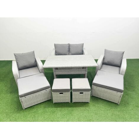 Fimous PE Rattan Lounge Sofa Set 8 Seater Outdoor Garden Furniture Set with Dining Table Love Sofa 2 Big Footstools 2 Side Tables Light Grey (1/5)