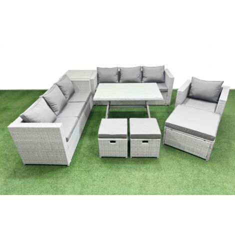 Fimous Outdoor Rattan Garden Furniture Dining Set 10-seater Patio Rectangular Table 3 Seater Sofa Armchair Set with Side Table 3 Stools (1/5)