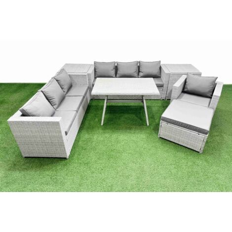 Fimous Outdoor Rattan Garden Furniture Dining Set 8-seater Patio Rectangular Table 3 Seater Sofa Armchair Set with 2 Side Tables Big Stool (1/5)