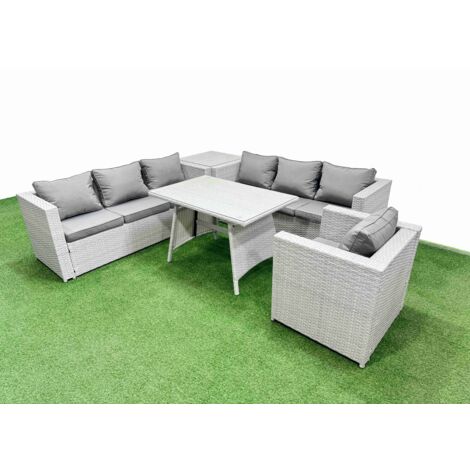 Fimous Outdoor Rattan Garden Furniture Dining Set 7-seater Patio Rectangular Table 3 Seater Sofa Armchair Set with Side Table (1/5)