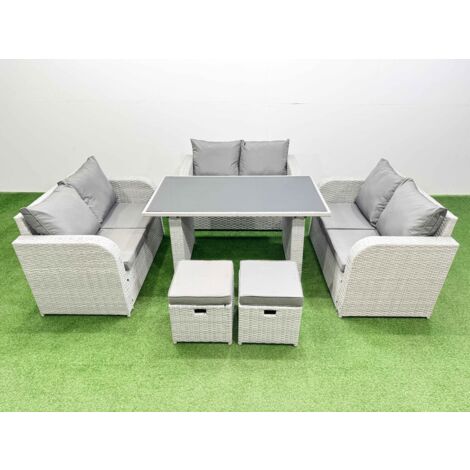 Fimous 8 Seater Patio Garden Furniture Sets with Black Glass Top Dining Table Love Sofa 2 Small Stool Light Grey (1/5)