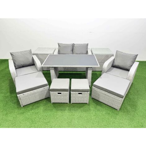 Fimous 8 Seater Patio Garden Furniture Sets with Dining Table Love Sofa 2 Side Tables 4 Stools Light Grey (1/5)