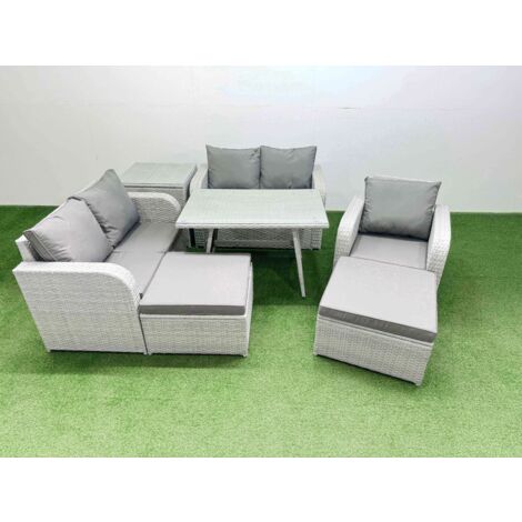 Fimous 7 Seater Outdoor Rattan Garden Furniture Set Love Sofa Reclining Chair Set with Rectangular Dining Table Side Table 2 Big Footstools Light Grey (1/5)