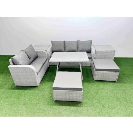 Fimous Outdoor PE Rattan Garden Furniture Set Rectangular Dining Table Sofa Set with 2 Big Stool 2 Side Tables Light Grey (1/5)