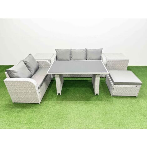 Fimous Garden Furniture Set PE Ratten Garden Sofa Set with Rectangular Dining Table Big Stool 2 Side Tables Light Grey (1/5)