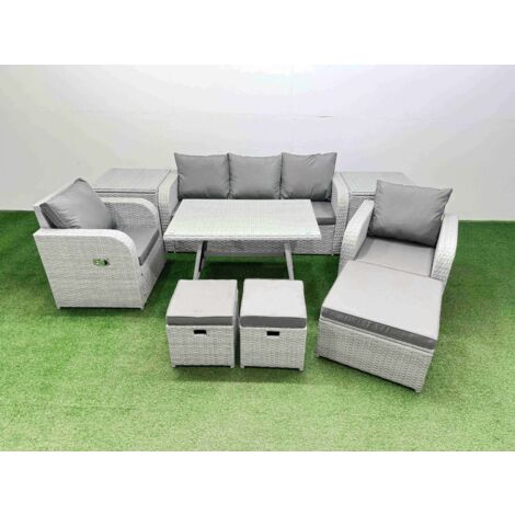 Fimous Reclining Chair 3 Seat Sofa Set Garden Furniture Set with Rectangular Dining Table 2 Side Tables 3 Footstools Light Grey (1/5)
