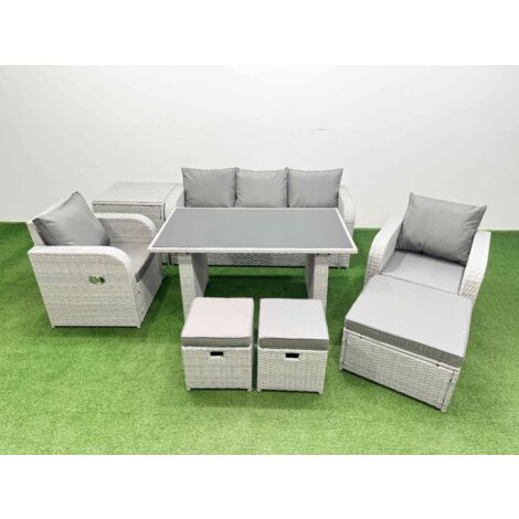 Fimous Outdoor Rattan Garden Furniture Dining Set 8-seater Patio Rectangular Table 3 Seater Sofa Reclining Chair Set with Side Table 3 Stools (1/5)