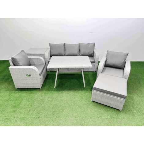 Fimous Reclining Chair 3 Seat Sofa Set Garden Furniture Set with Rectangular Dining Table Side Table Big Footstool Light Grey (1/5)