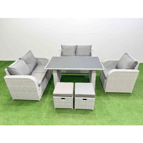 Fimous Rattan Sofa Outdoor Furniture with Dining Table,Love Sofa,2 Small Stools Patio Furniture Light Grey 7 Seater (1/5)