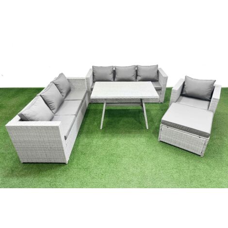 Fimous Outdoor Rattan Garden Furniture Dining Set 8-seater Patio Rectangular Table 3 Seater Sofa Armchair Set with Big Stool (1/5)