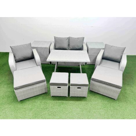 Fimous Rattan Garden Furniture Dining Set 8-seater Patio Rectangular Table Sofa Set with 2 Side Tables 4 Stools Light Grey (1/5)