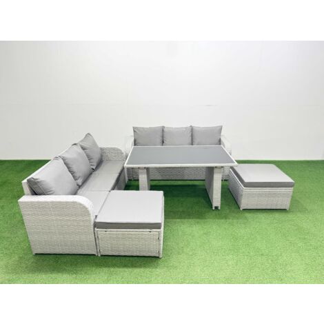 Fimous 8 Seater Rattan Outdoor Dining Table 3 Seater Sofa Set with 2 Big Stools Light Grey (1/5)