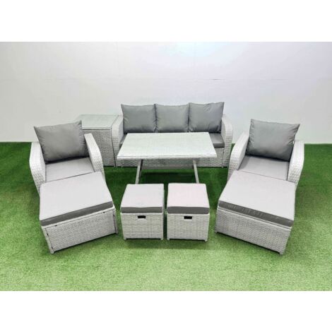 Fimous Rattan Garden Furniture Dining Set 9-seater Patio Rectangular Table Sofa Set with Side Table 4 Stools Light Grey (1/5)