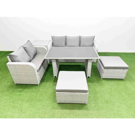 Fimous Garden Furniture Set PE Ratten Garden Sofa Set with Rectangular Dining Table 2 Big Stool Side Table Light Grey (1/5)
