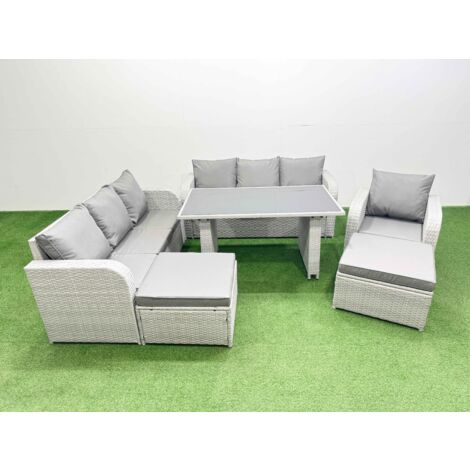 Fimous Rattan Garden Furniture Dining Set 9-seater Patio Rectangular Table Sofa Set with 2 Big Stools Light Grey (1/5)