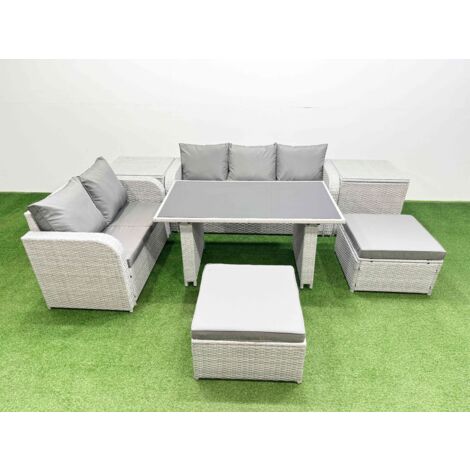 Fimous Garden Furniture Set PE Ratten Garden Sofa Set with Rectangular Dining Table 2 Big Stool 2 Side Tables Light Grey (1/5)