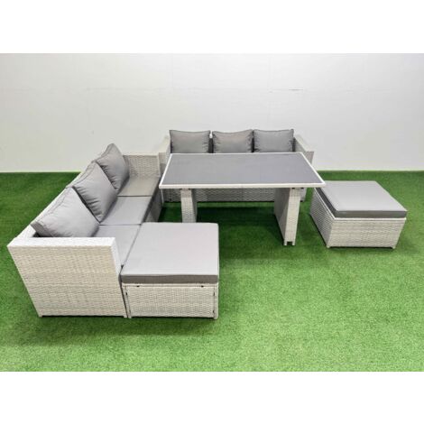 Fimous Rattan Garden Furniture Dining Set 8-seater Patio Rectangular Table Sofa Set with 2 Big Stools Light Grey (1/5)