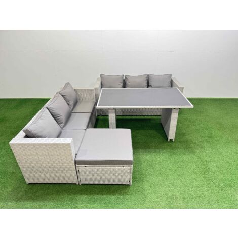 Fimous Rattan Garden Furniture Dining Set 7-seater Patio Rectangular Table Sofa Set with Big Stool Light Grey (1/5)