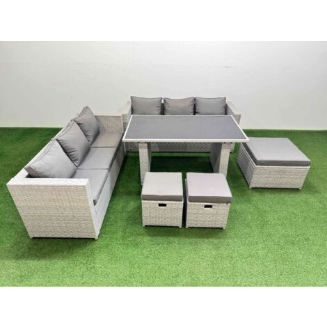 Fimous Rattan Garden Furniture Dining Set 9-seater Patio Rectangular Table Sofa Set with 3 Stools Light Grey (1/5)