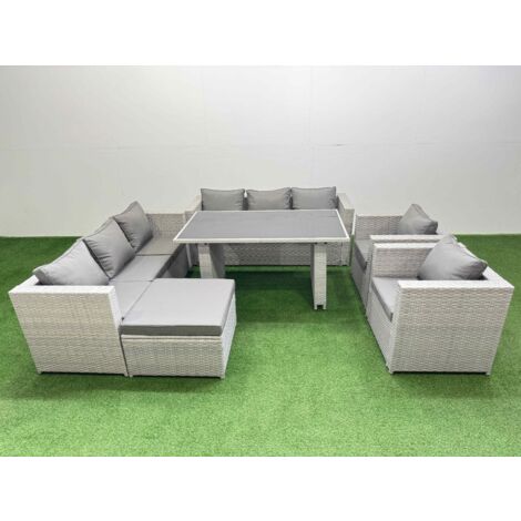 Fimous 9 Seater Wicker PE Rattan Furniture Outdoor Dining Table 3 Seater Sofa Armchair Set with Big Stool Light Grey (1/5)