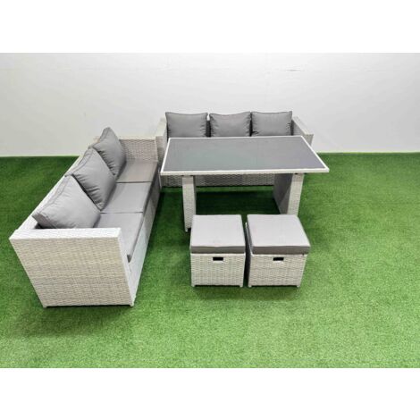 Fimous Rattan Garden Furniture Dining Set 8-seater Patio Rectangular Table Sofa Set with 2 Small Stools Light Grey (1/5)