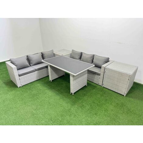 Fimous Rattan Garden Furniture Dining Set 6-seater Patio Rectangular Table Sofa Set with 2 Side Tables Light Grey (1/5)