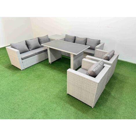 Fimous 8 Seater Wicker PE Rattan Furniture Outdoor Dining Table 3 Seater Sofa Armchair Set with Side Table Light Grey (1/5)