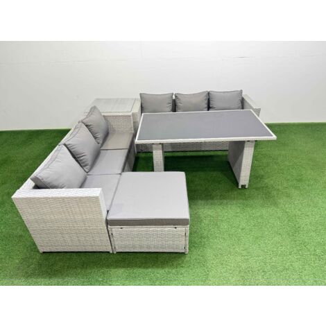 Fimous Rattan Garden Furniture Dining Set 7-seater Patio Rectangular Table Sofa Set with Side Table Big Stool Light Grey (1/5)