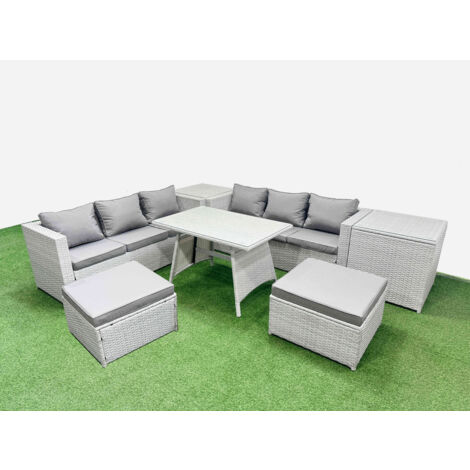 Fimous Rattan Garden Furniture Dining Set 8-seater Patio Rectangular Table 3 Seater Sofa Set with 2 Side Tables 2 Big Stools Light Grey (1/5)