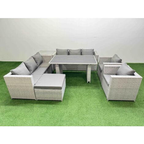 Fimous 9 Seater Wicker PE Rattan Furniture Outdoor Dining Table 3 Seater Sofa Armchair Set with Side Table Big Stool Light Grey (1/5)