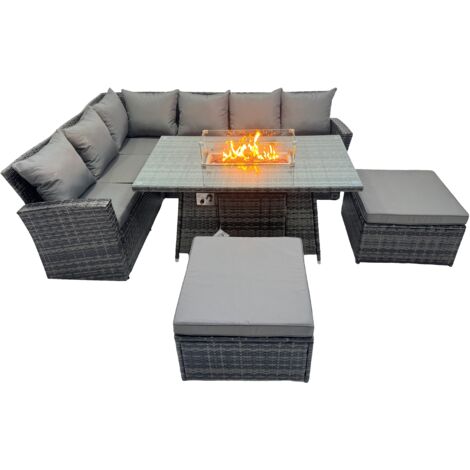 Fimous Poly Rattan Outdoor Patio Gas Firpit Dining Table Corner Sofa Set with 2 Big Stools for Garden Backyard Dark Grey Mixed (1/5)