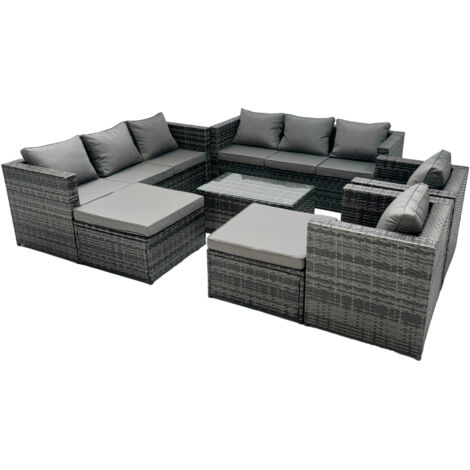 Fimous Rattan Garden Furniture Dining Set 10-seater Patio Coffee Table Sofa Set with 2 Big Stools Dark Grey Mixed (1/5)