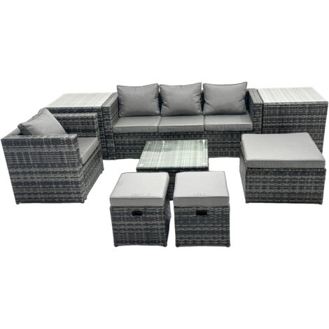 Fimous Outdoor Rattan Garden Furniture Set 7 Seater Patio Lounge Sofa Set with Armchair Square Coffee Table 2 Side Tables 3 Footstools Dark Grey Mixed (1/5)