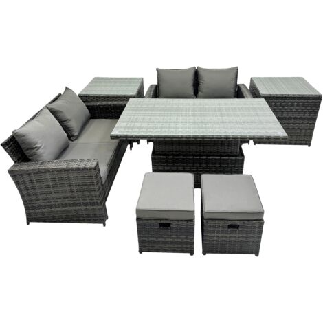 Fimous Outdoor Love Sofa Set 6 Seat Rattan Garden Furniture Set with Adjustable Lifting Dining or Coffee Table Dark Grey Mixed (1/5)