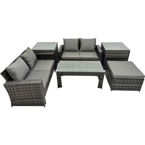 Fimous Outdoor Love Sofa Set 5 Seat Rattan Garden Furniture Set with Oblong Coffee Table Big Footstool 2 Side Table Dark Grey Mixed (1/5)