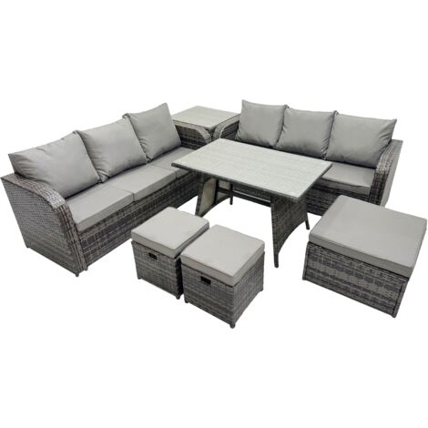 Fimous Garden Rattan Outdoor Furniture Set 9 Seater with 3 Seater Sofa 3 Stools Side Table Dark Grey (1/5)