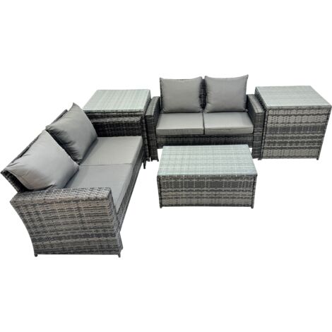 Fimous PE Rattan Garden Furniture Set Lounge Double Seat Sofa Coffee Table Set with 2 Side Tables Dark Grey MixedMixed (1/5)