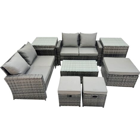 Fimous PE Rattan Garden Furniture Set Lounge Double Seat Sofa Coffee Table Set with 2 Side Tables 3 Stools Dark Grey MixedMixed (1/5)