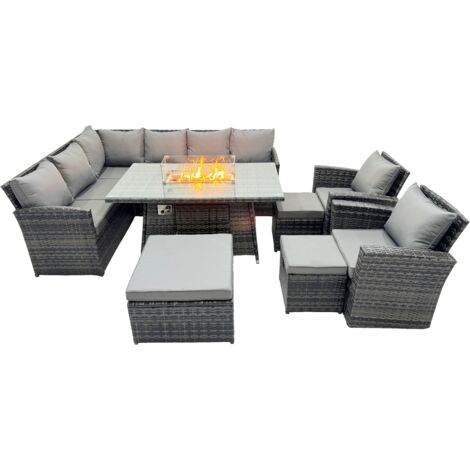 Fimous 11 Seat Poly Rattan Outdoor Patio Gas Firpit Dining Table Corner Sofa Set with 3 Stool 2 Chairs for Garden Backyard Dark Grey Mixed