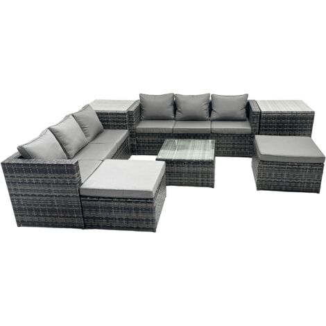Fimous Outdoor Rattan Garden Furniture Set 8 Seater Patio Lounge Sofa Set with Square Coffee Table 2 Side Tables 2 Big Footstools Dark Grey Mixed (1/5)
