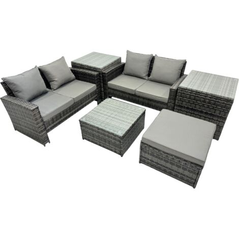Fimous PE Rattan Garden Furniture Set Lounge Double Seat Sofa Coffee Table Set with 2 Side Tables Big Stool Dark Grey Mixed (1/5)