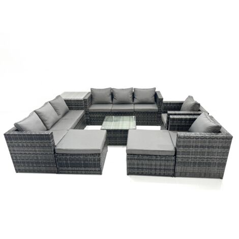 Fimous Outdoor Rattan Garden Furniture Set 10 Seater Patio Lounge Sofa Set with Armchair Square Coffee Table Side Table 2 Big Footstool Dark Grey Mixed (1/5)