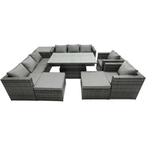 Fimous Rattan Dining Table Sofa Set with Side Table 2 Armchair 2 Stools Outdoor 10 Seat Garden Furniture Set Dark Grey Mixed