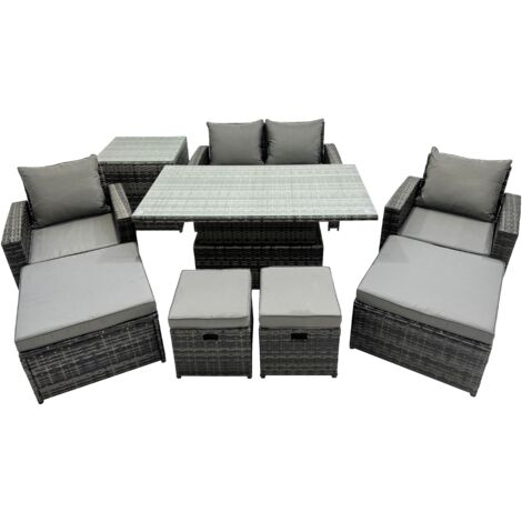Fimous Outdoor Love Sofa Set 8 Seat Rattan Garden Furniture Set with Adjustable Lifting Dining or Coffee Table 4 Stools Side Table Dark Grey Mixed (1/5)