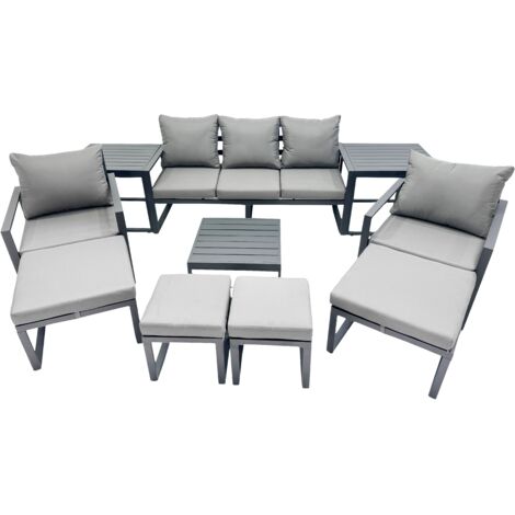 Fimous Outdoor Garden Furniture Set Aluminium Lounge Sofa Square Coffee Table Sets with 4 Stools 2 Side Tables Dark Grey (1/5)